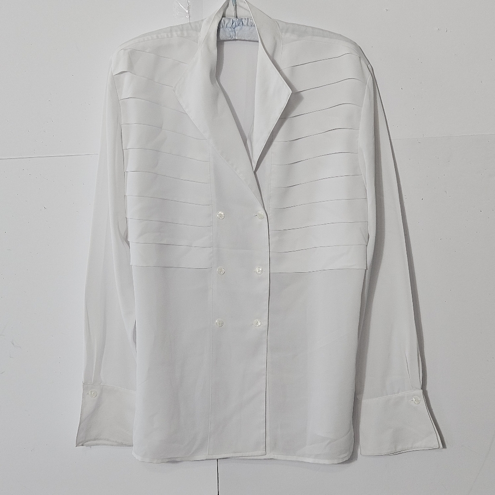 La Chine Classic Size 12 White Long-Sleeved Polyester Button Up Blouse with Laye - Picture 10 of 16